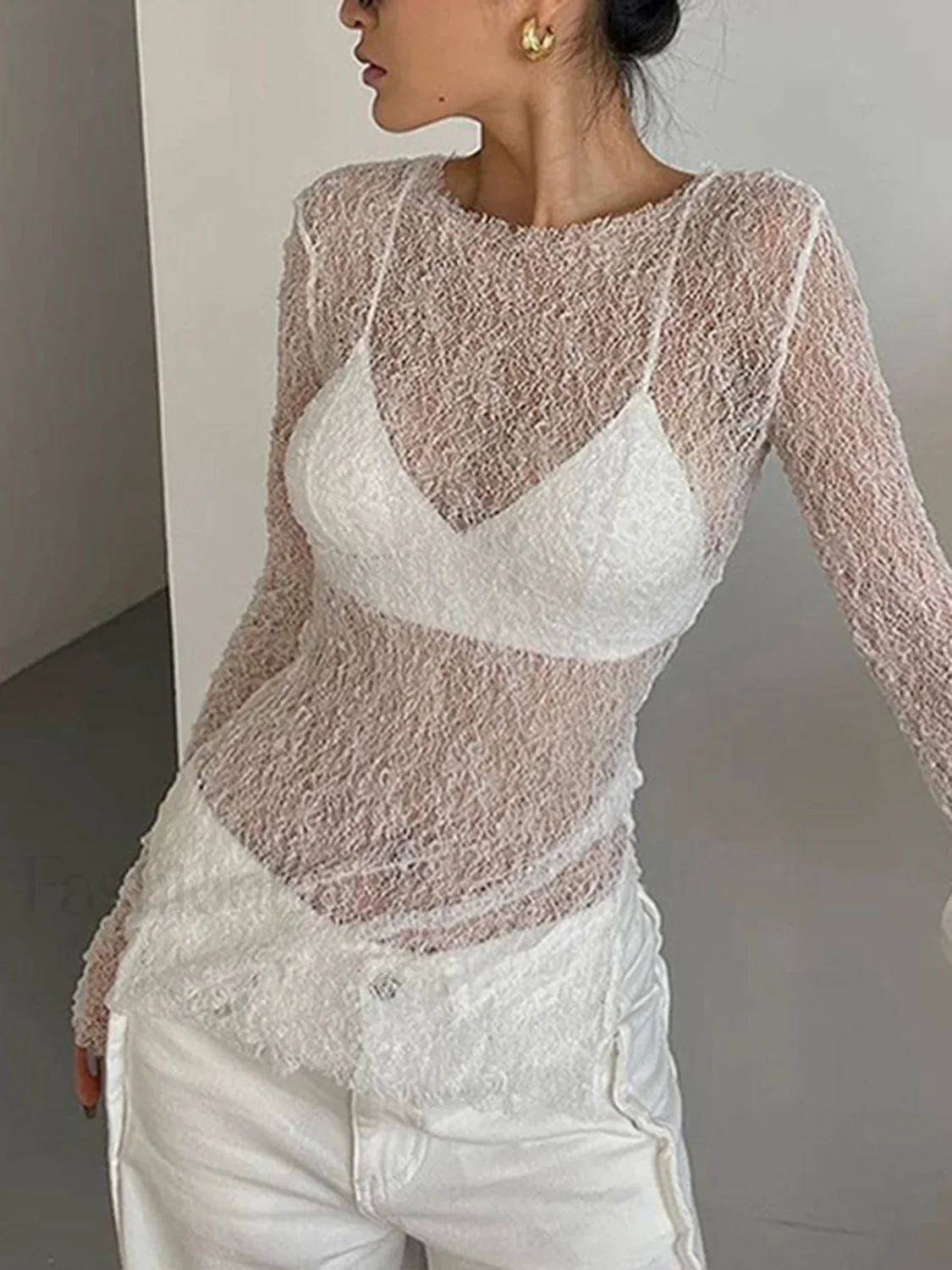 Lace Raw Hem Crew Modern Neck Long Sleeve Top - Image 9