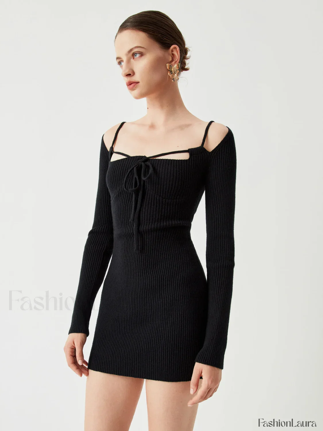 Knit Tied Cutout Long Modern Sleeve Short Sweater Dress - Image 12