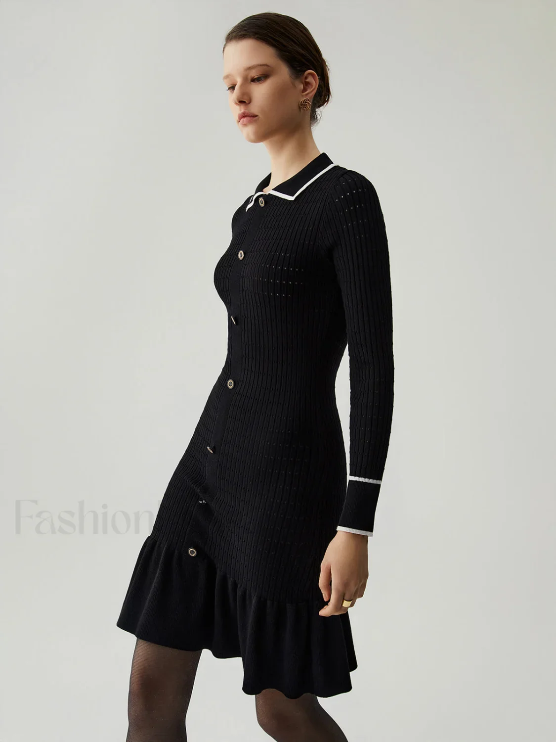 Knit Ruffled Hem Long Modern Sleeve Collar Mini Sweater Dress - Image 3