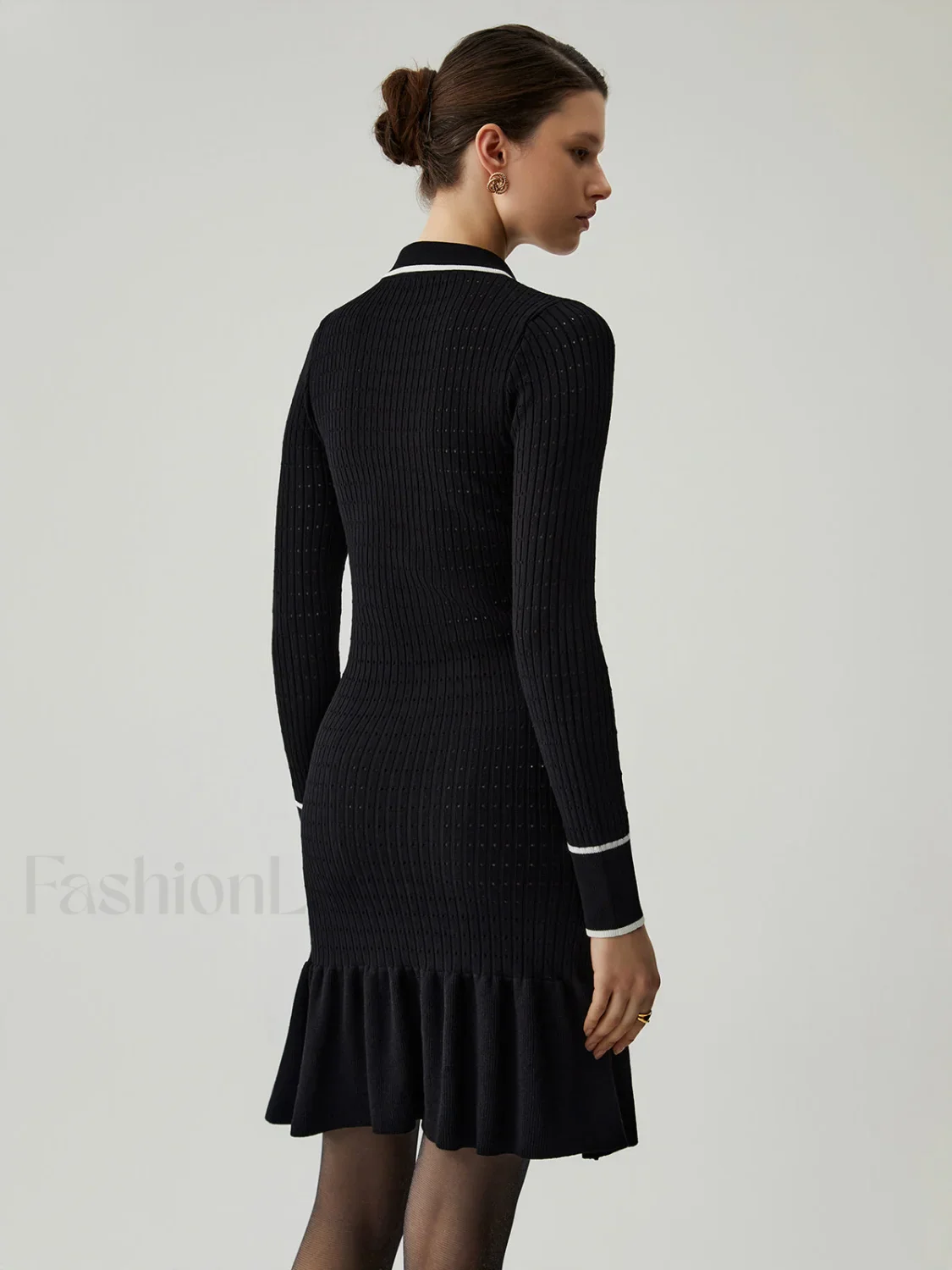 Knit Ruffled Hem Long Modern Sleeve Collar Mini Sweater Dress - Image 7