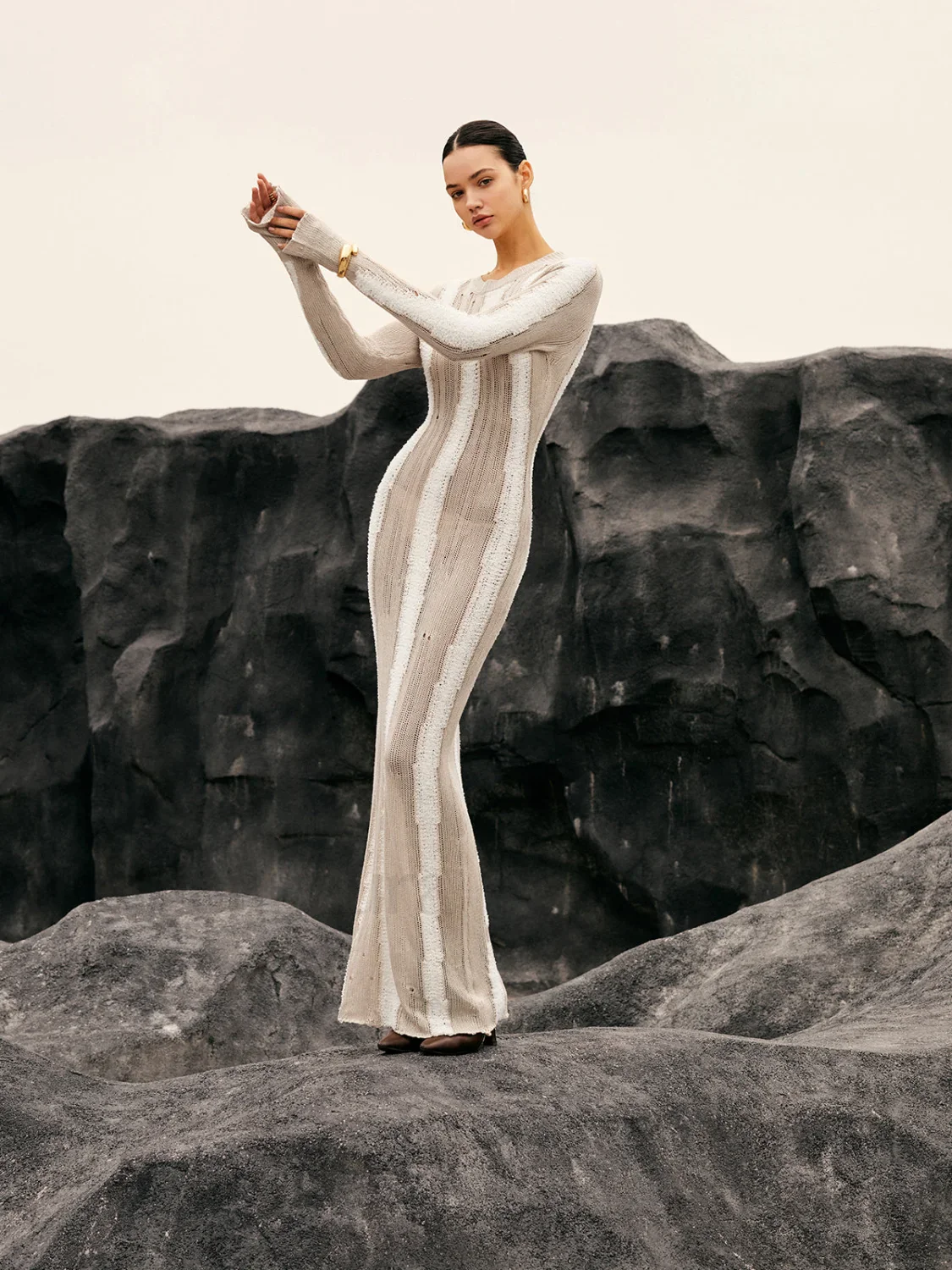 Jacquard Striped Graceful Crochet Long Dress - Image 10