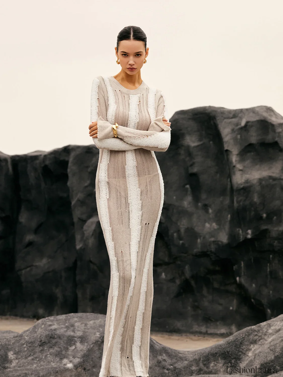 Jacquard Striped Graceful Crochet Long Dress - Image 14