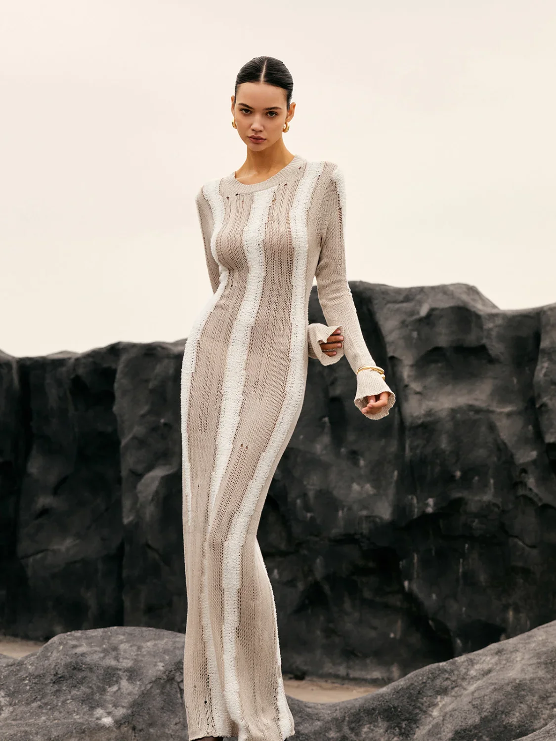 Jacquard Striped Graceful Crochet Long Dress - Image 2