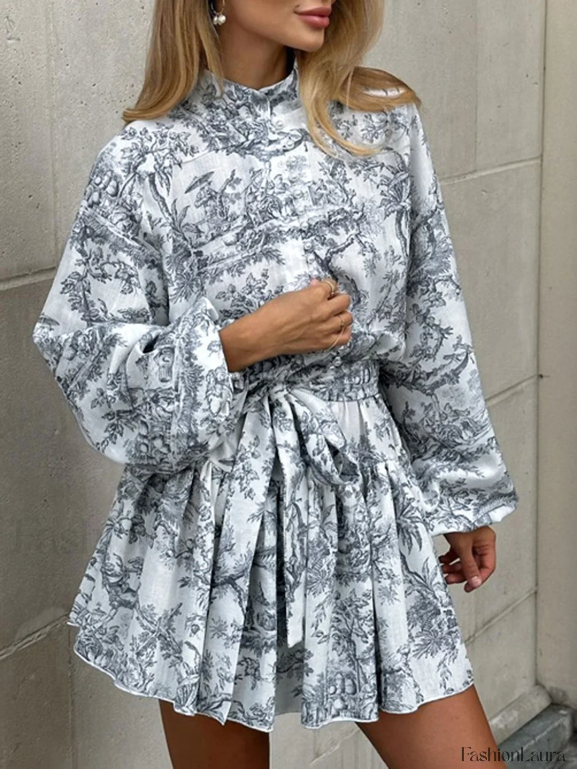 Ink Painting Print Tie Modern Up A-Line Short Dress - Image 24