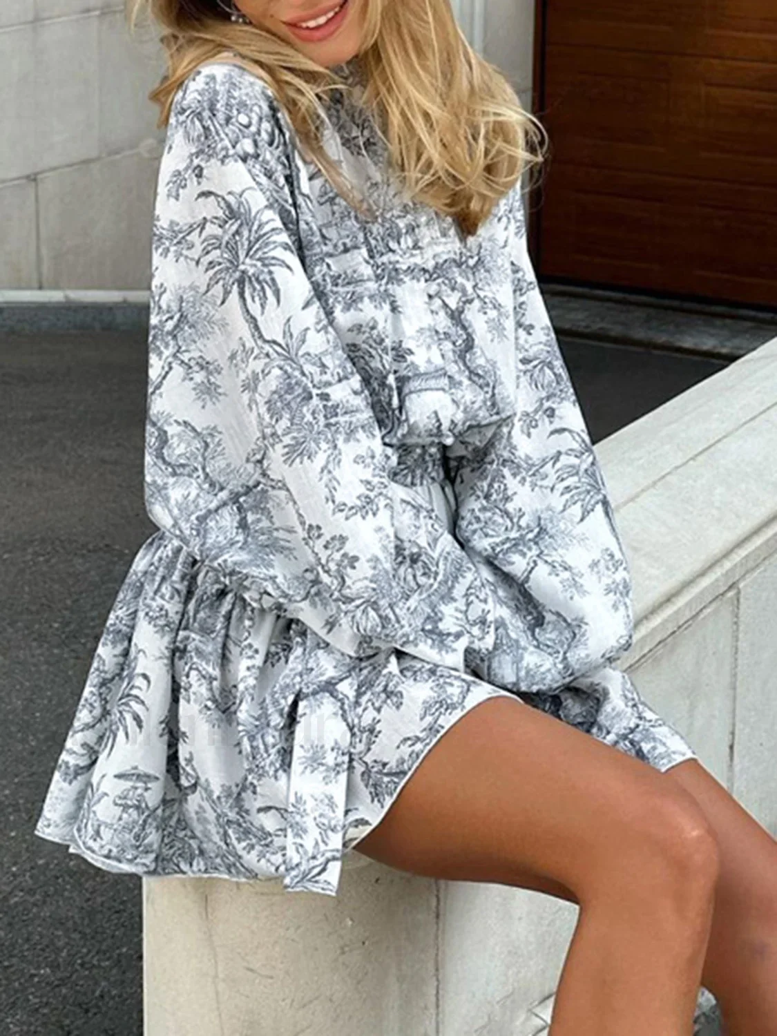 Ink Painting Print Tie Modern Up A-Line Short Dress - Image 6