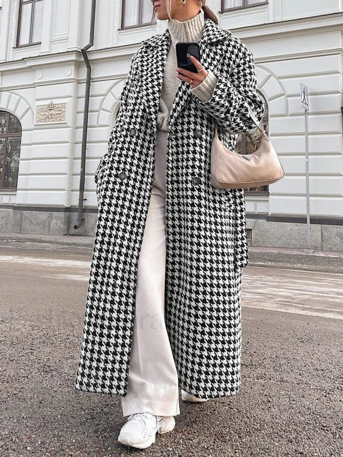 Houndstooth Tweed Graceful Trench Coat - Image 8
