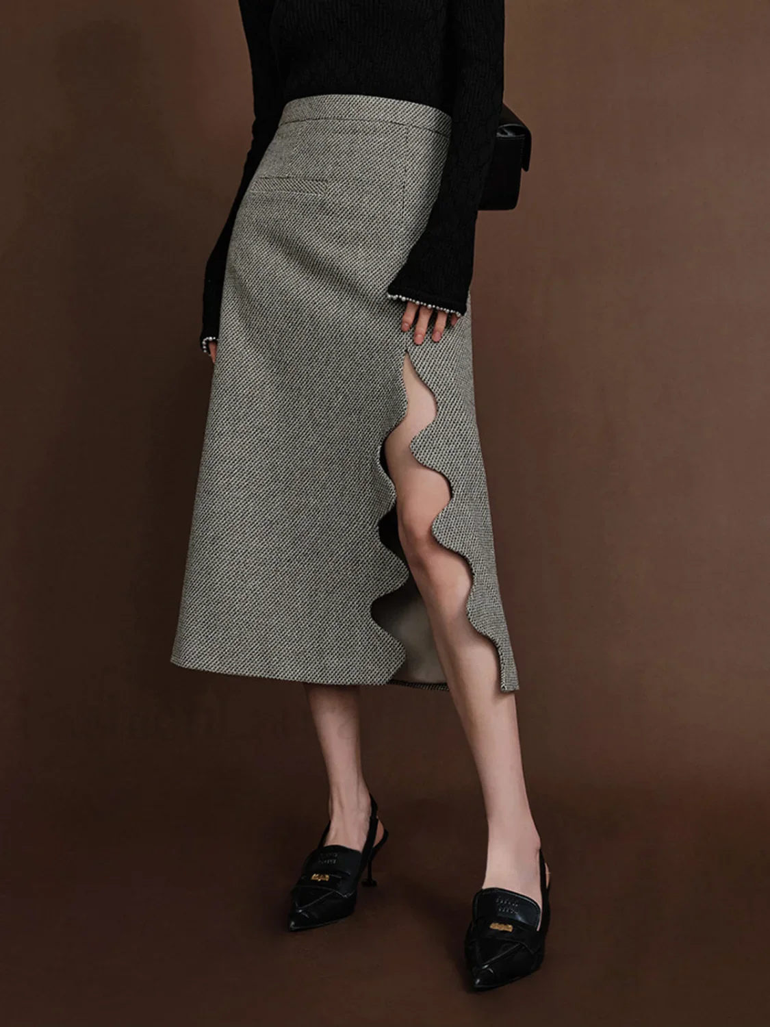 High-waist Tweed Wavy Trendy Split Midi Skirt - Image 6