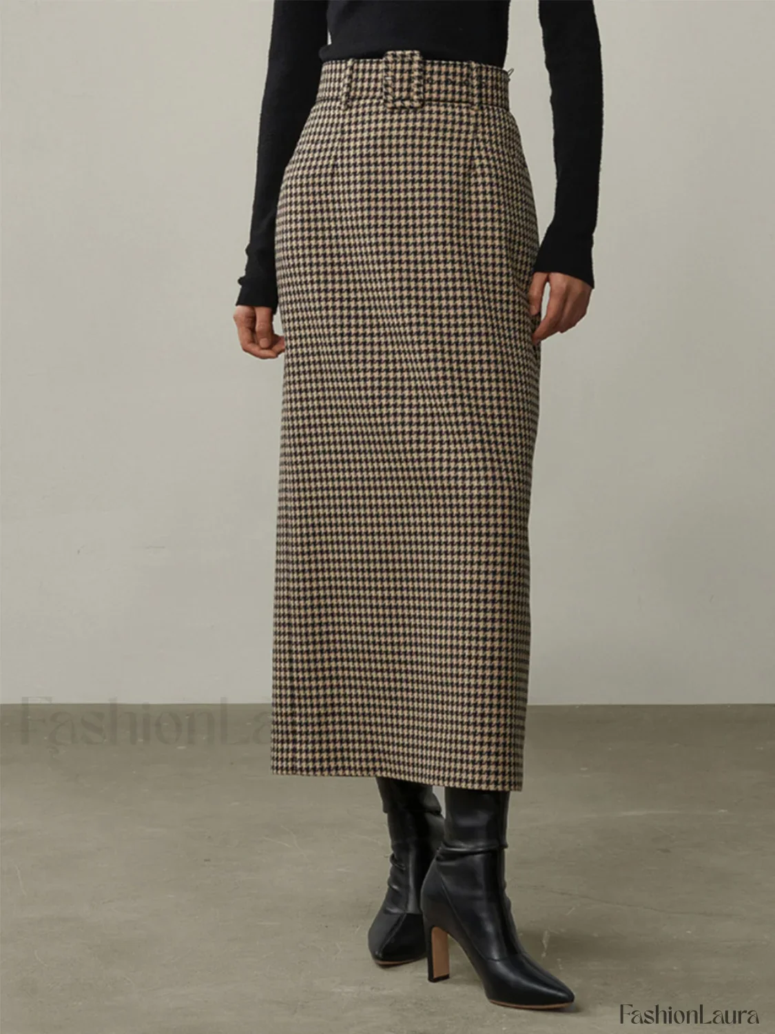 High Waist Graceful Houndstooth Midi Skirt - Image 10