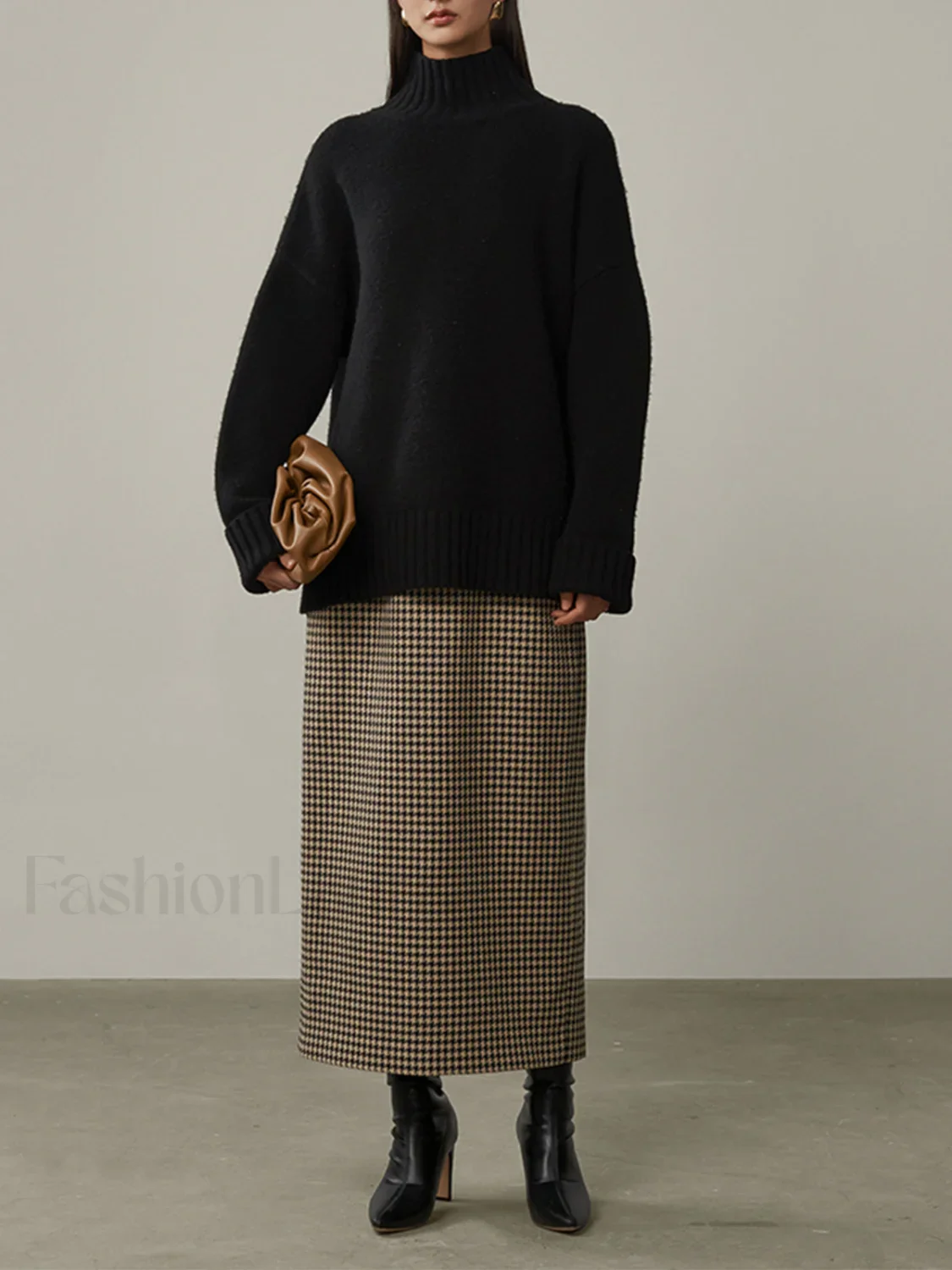 High Waist Graceful Houndstooth Midi Skirt - Image 4