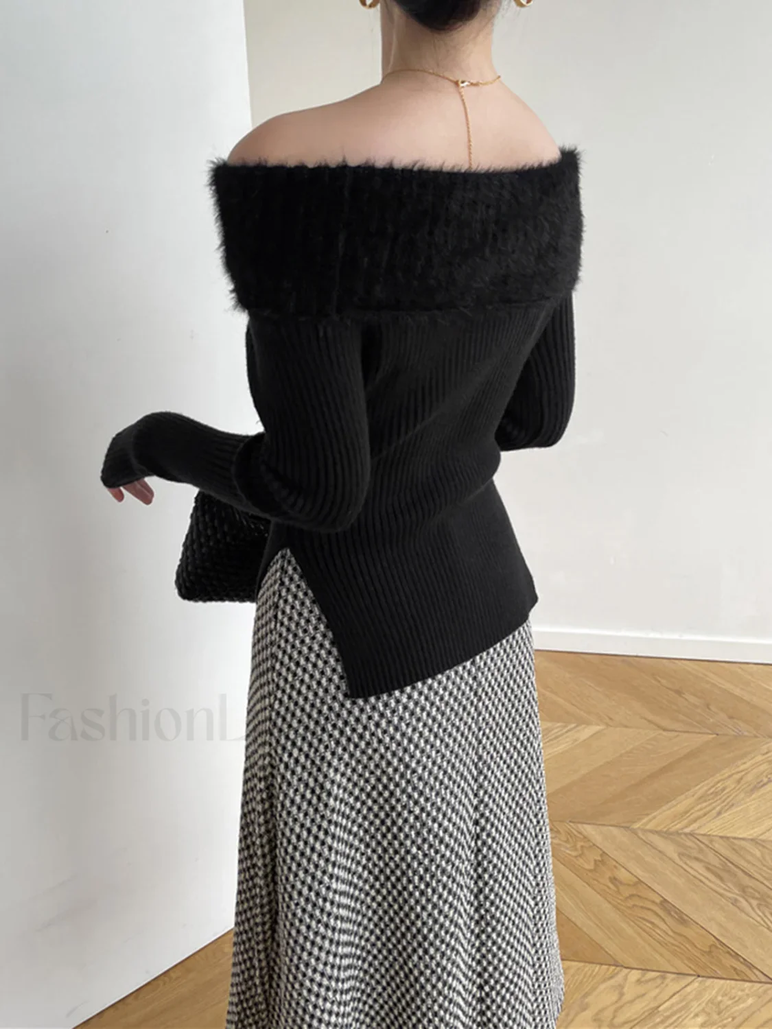 Fuzzy Off Shoulder Ribbed Modern Knit Patchwork Split Sweater - Image 4