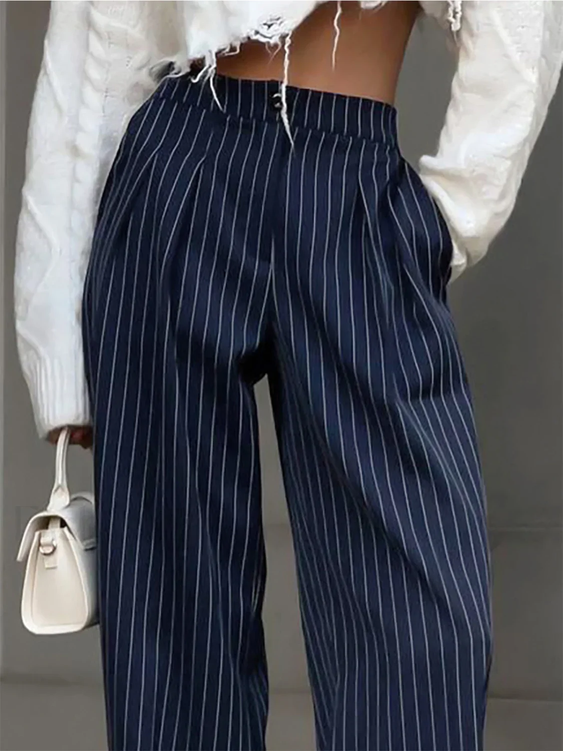 Pinstripe Pleated Wide Trendy Leg Dress Pants - Image 2