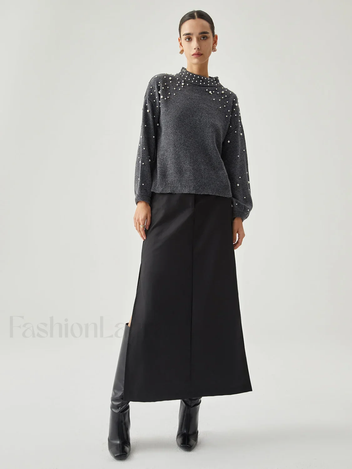 Pearl Embellished Graceful Mock Neck Sweater - Image 4