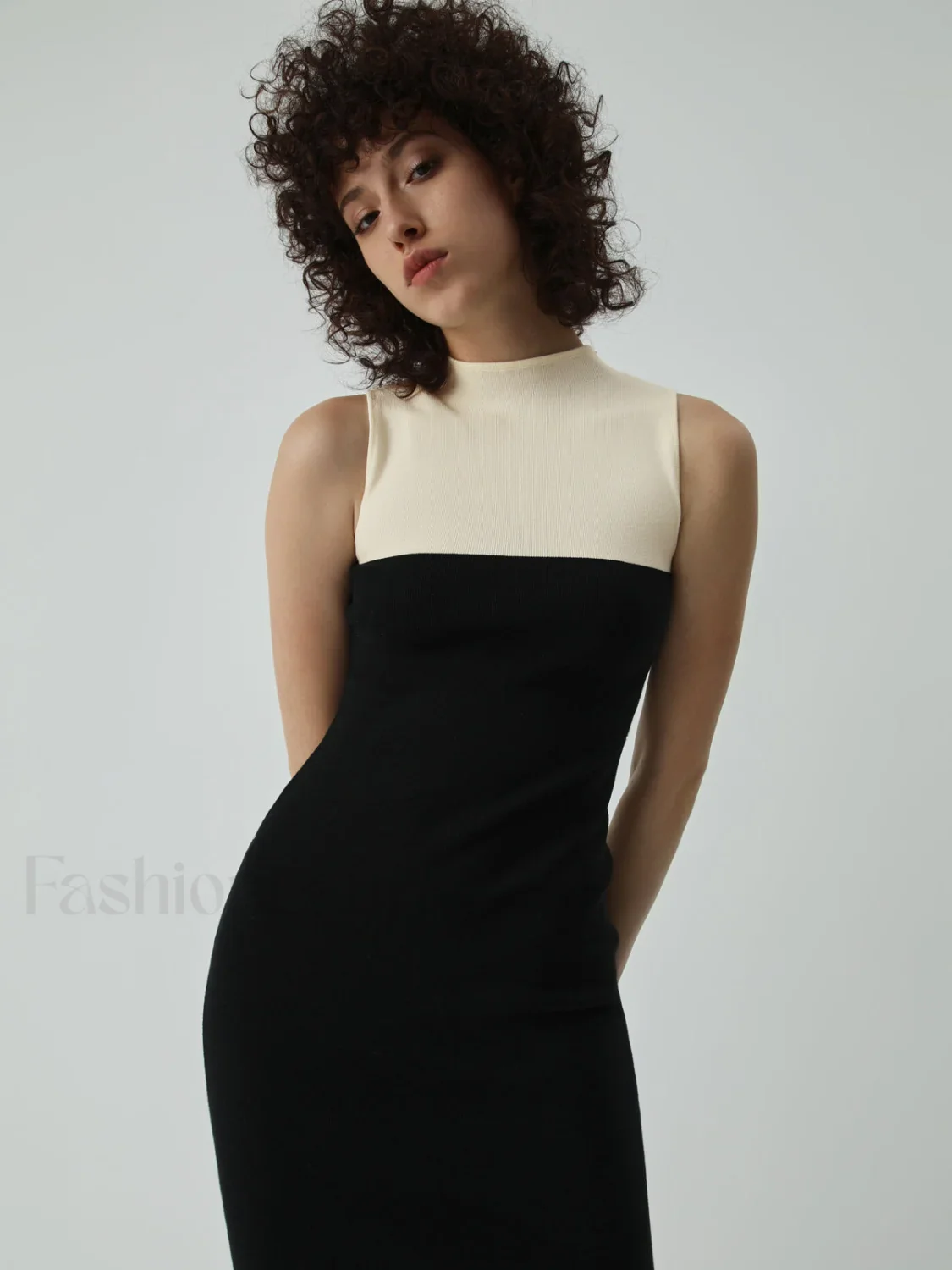 Patchwork Two Tone Mock Modern Neck Midi Sweater Dress - Image 2
