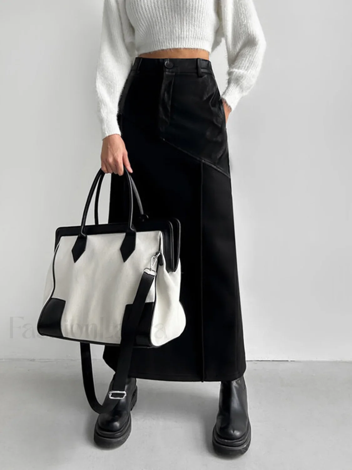 Patchwork Leather High Trendy Waist Maxi Skirt - Image 4