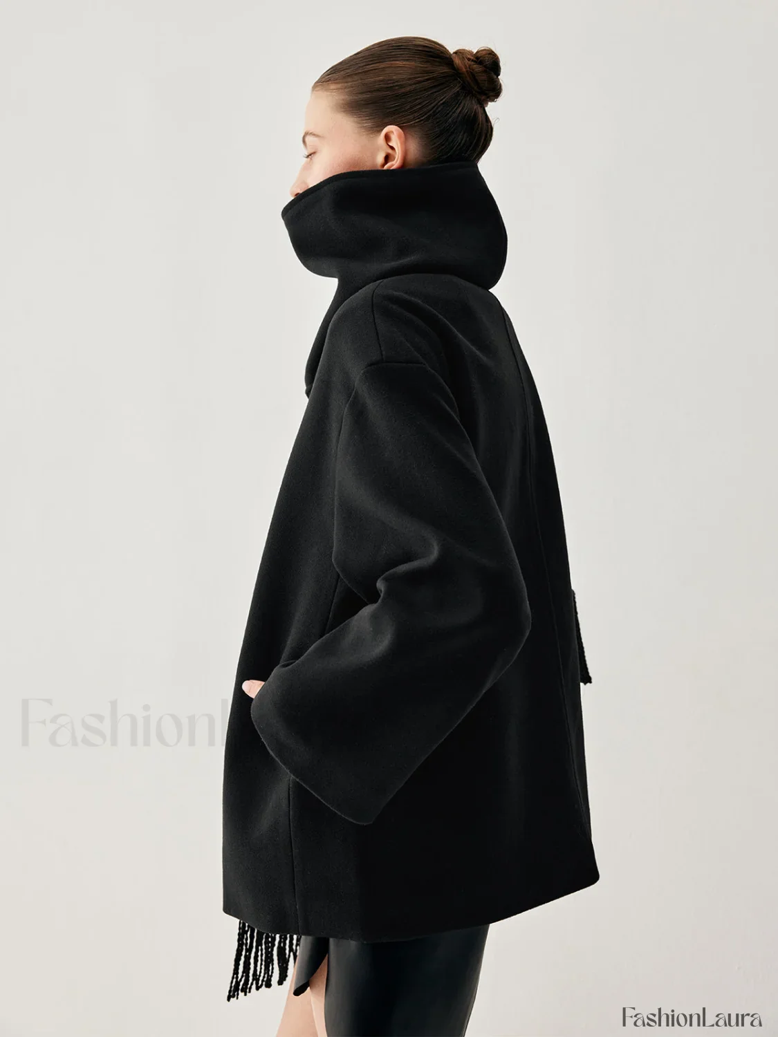 Oversized Button-down Wool Coat Modern with Matching Fringed Scarf - Image 7