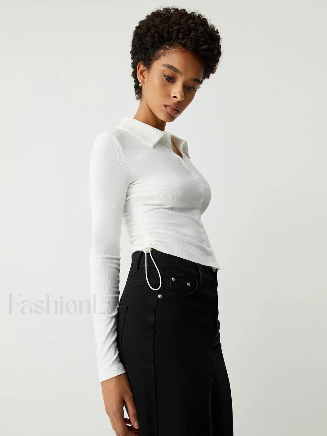 Open Collar Ruched Trendy Long Sleeve Shirt - Image 3