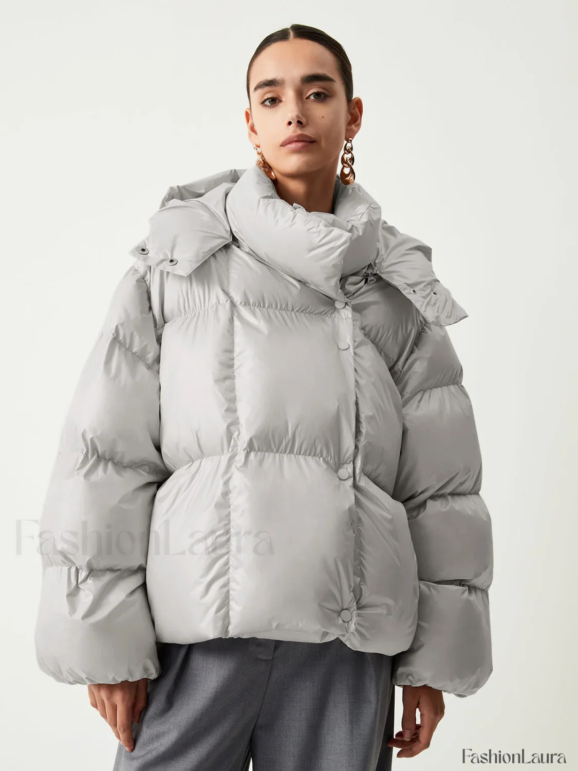 Open Collar Quilted Trendy Hooded Puffer Coat - Image 13