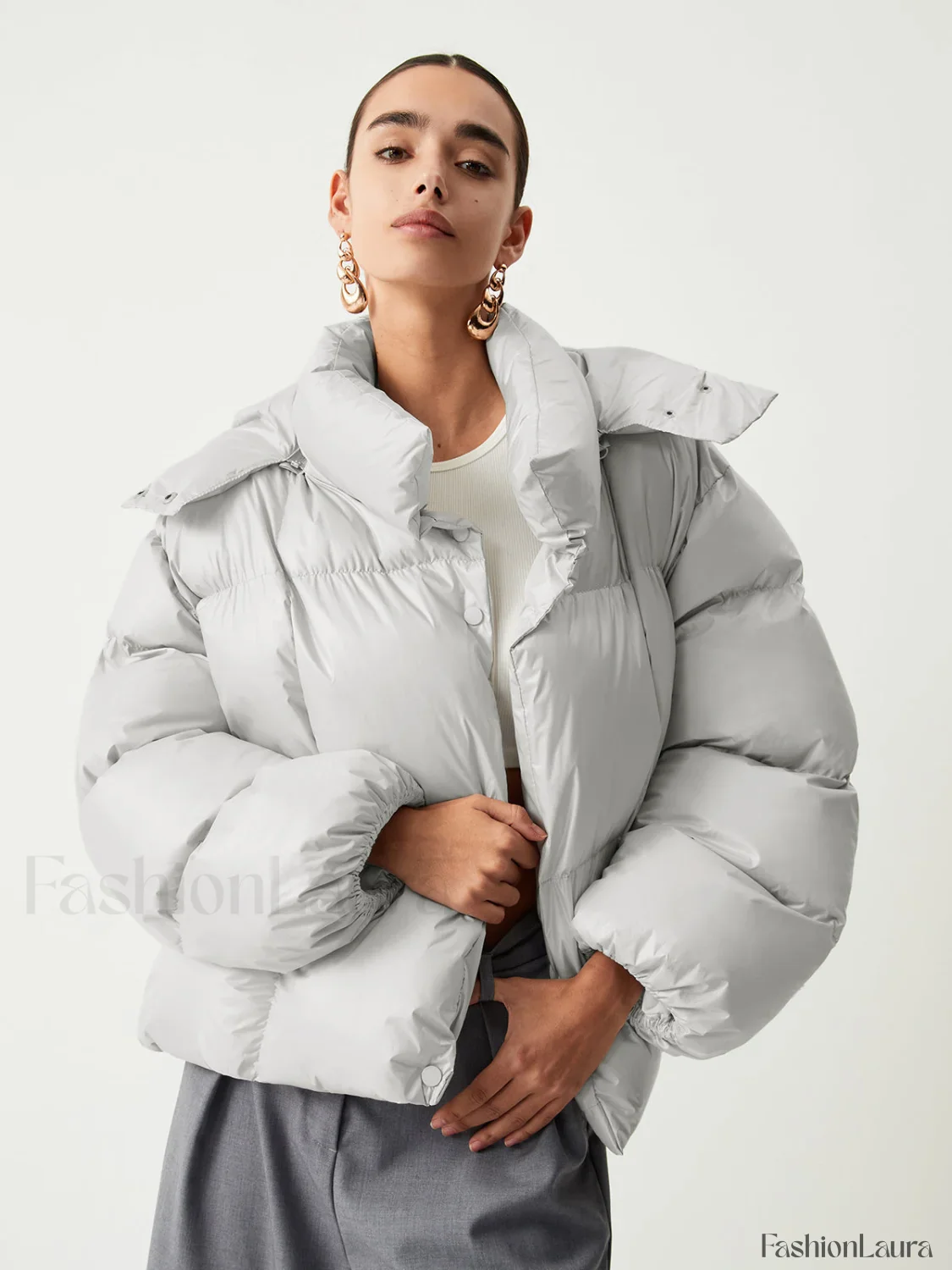 Open Collar Quilted Trendy Hooded Puffer Coat - Image 17