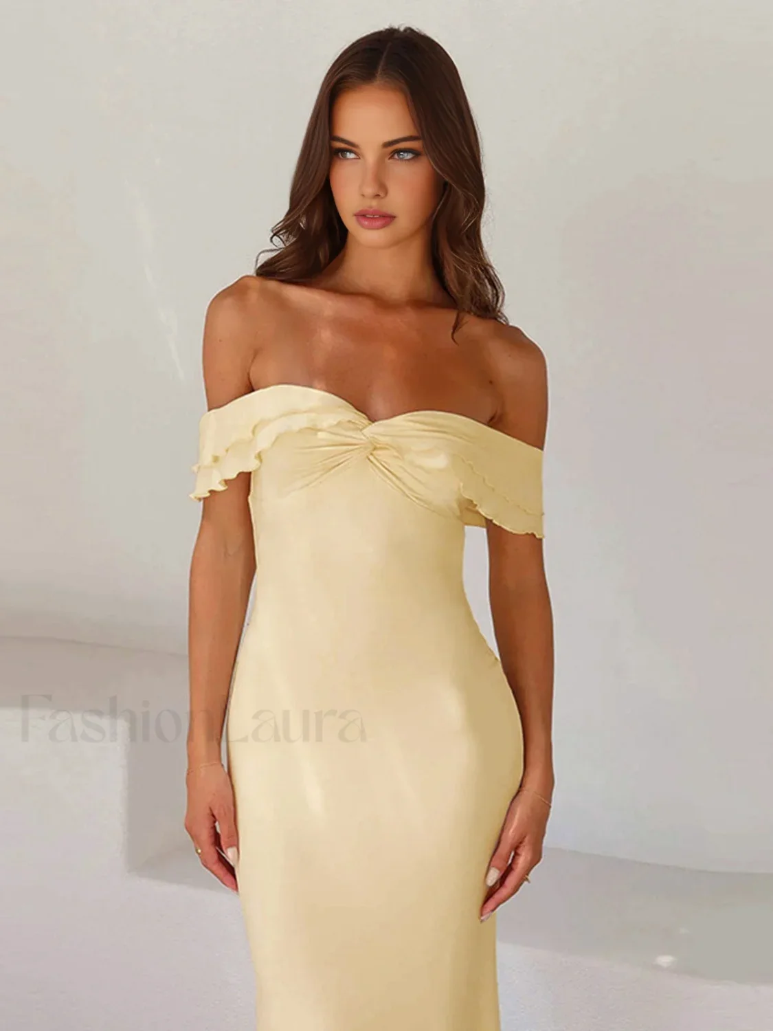 Off Shoulder Ruffle Trendy Satin Long Dress - Image 9