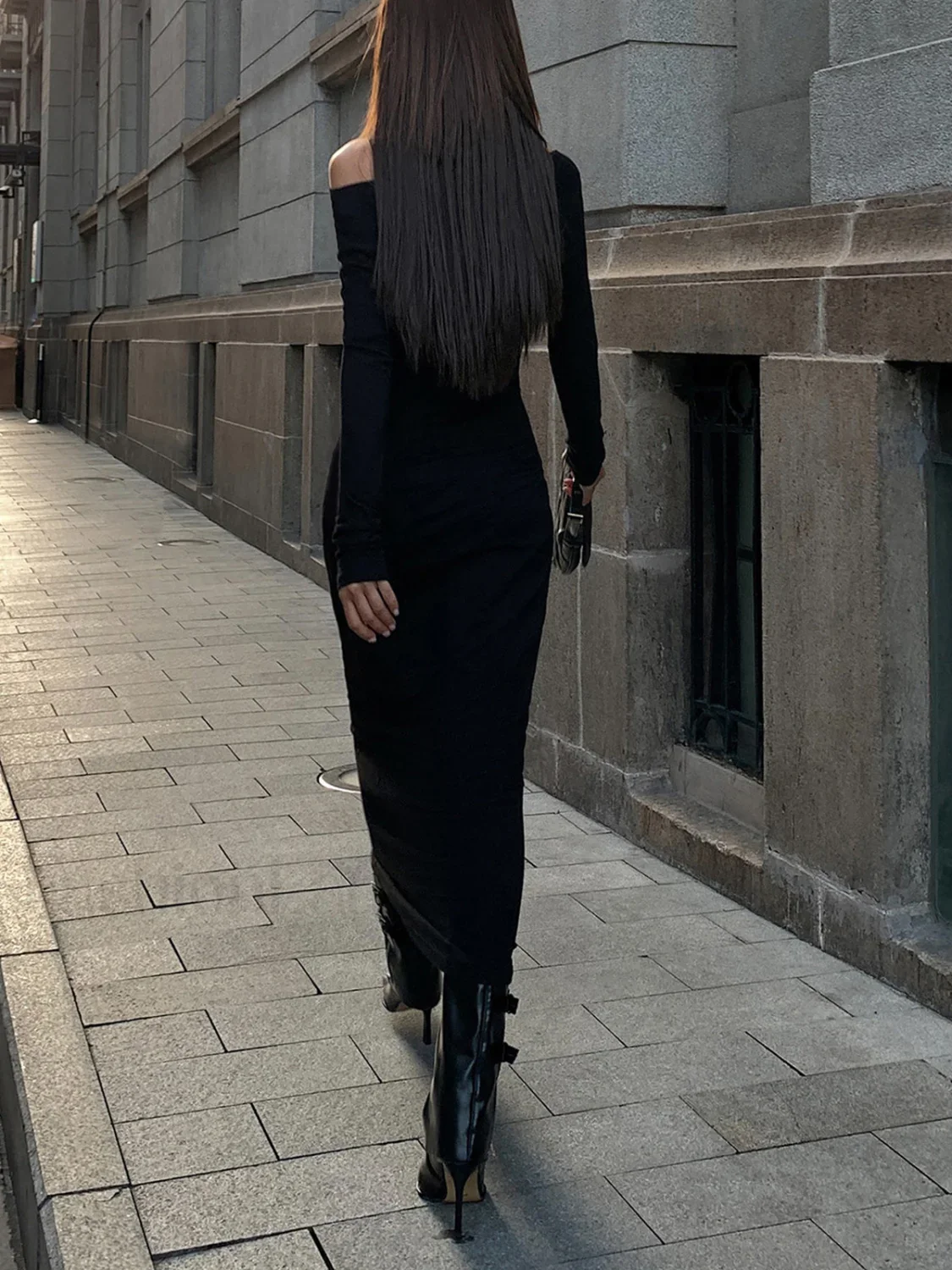 Off Shoulder Ribbed Long Modern Sleeve Knit Long Dress - Image 4
