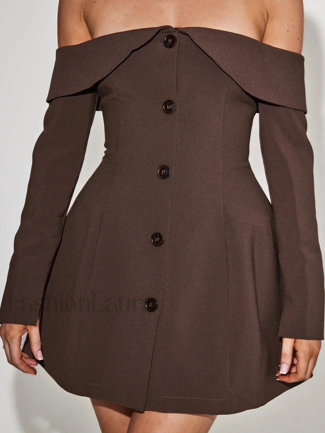 Off Shoulder Long Sleeve Modern Button Zip Mini Dress - Image 2