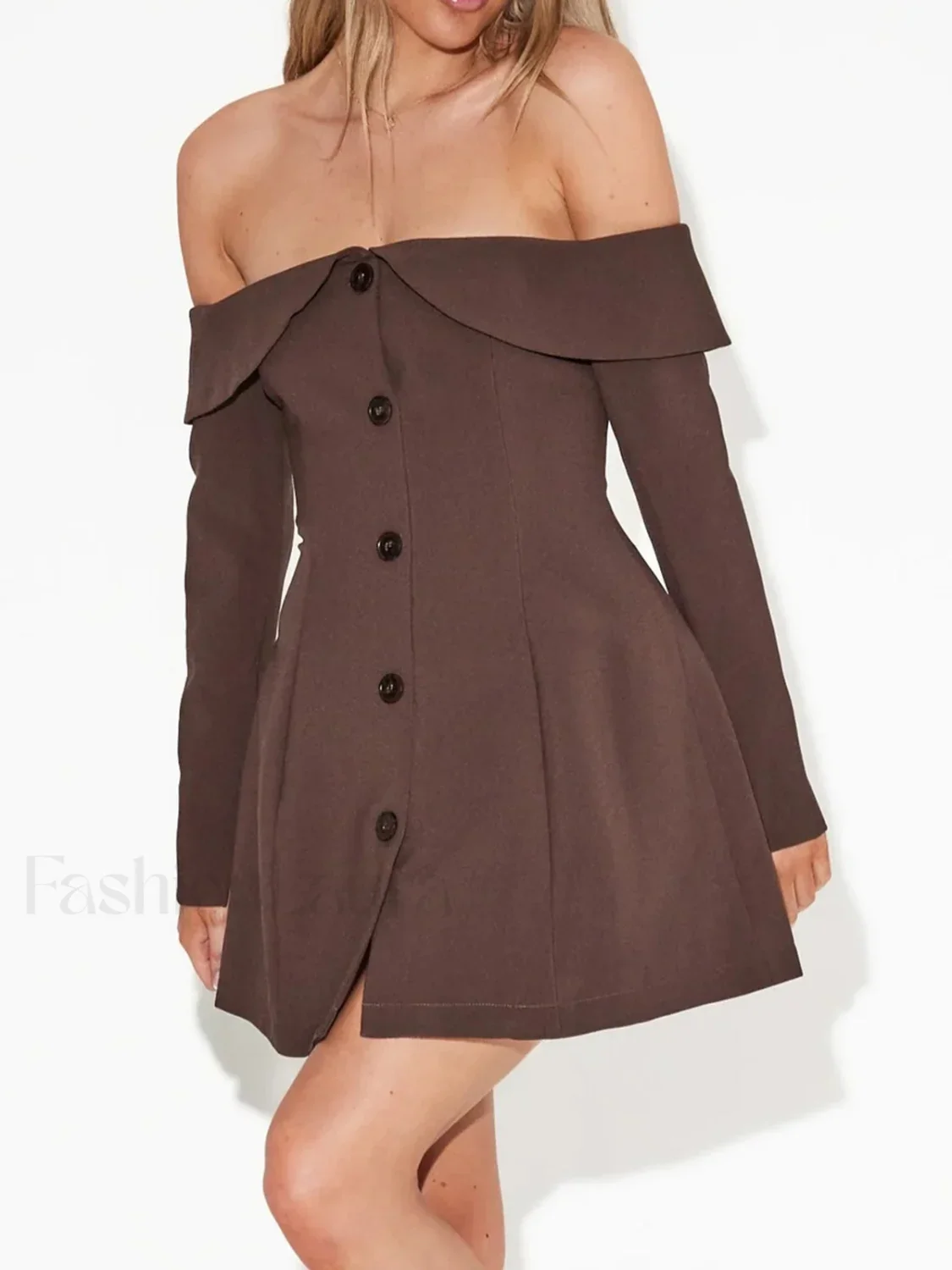 Off Shoulder Long Sleeve Modern Button Zip Mini Dress - Image 6