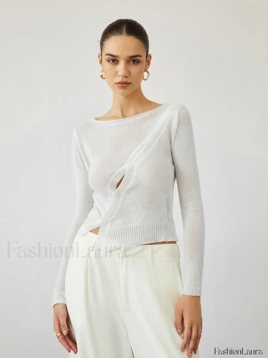 Oblique Buttoned Cover Trendy Up Knit Top - Image 10