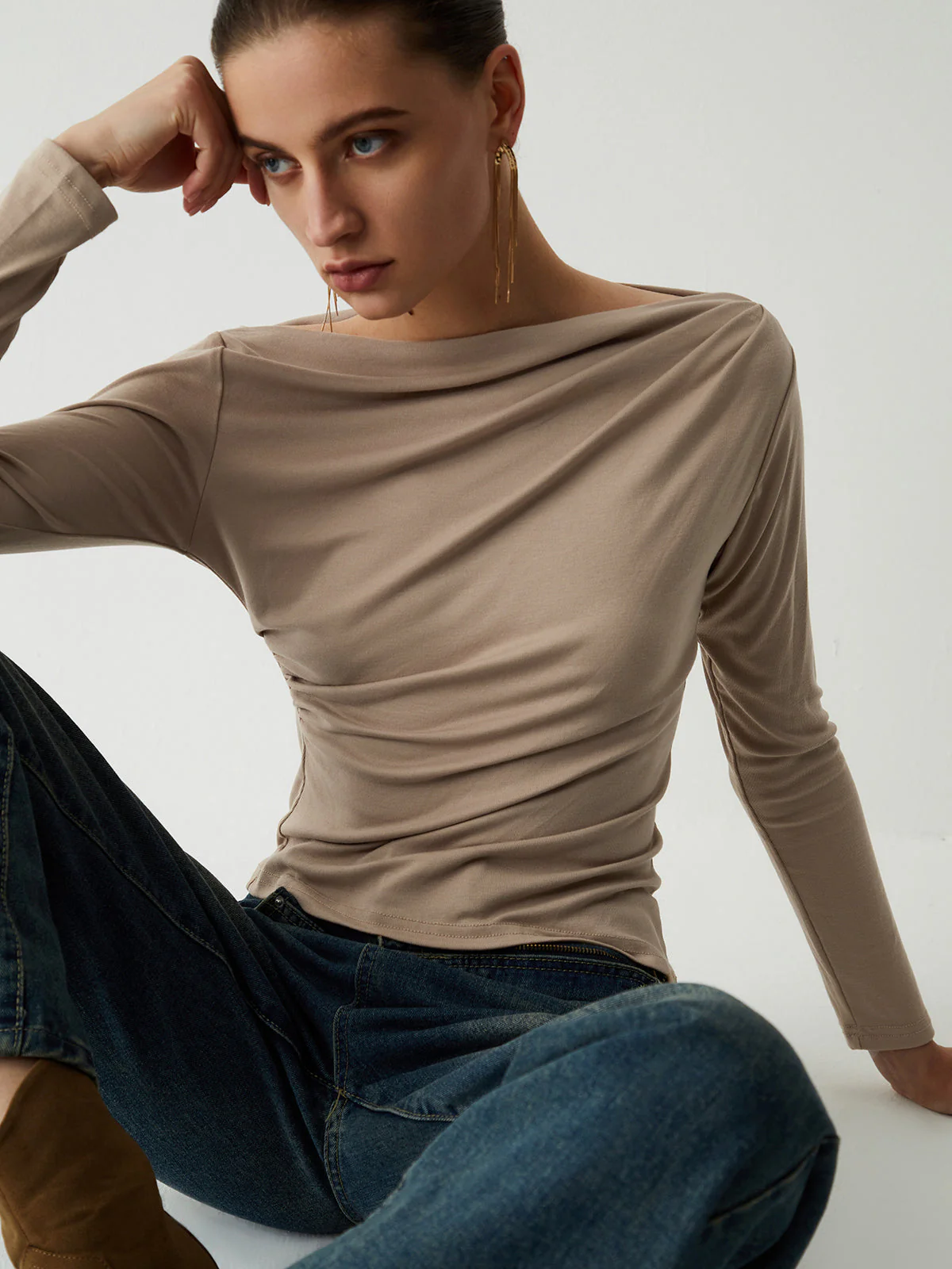 Oatmeal Ruched Graceful Long Sleeve Top - Image 3
