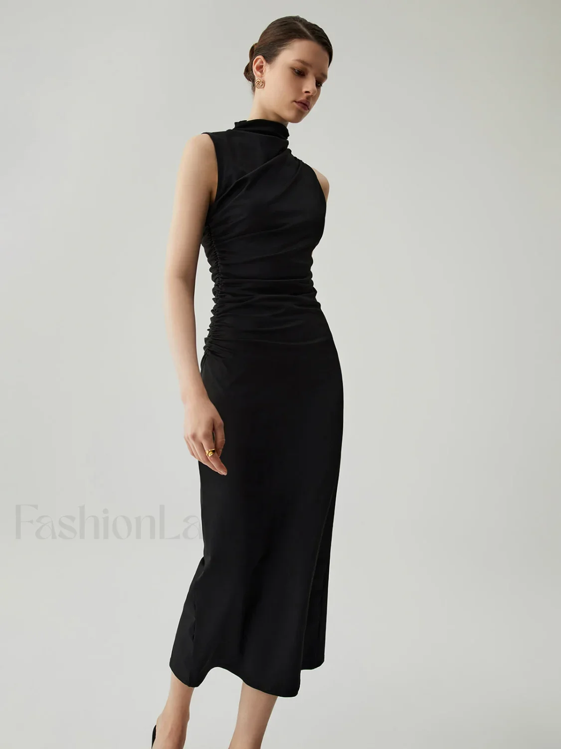 Mock Neck Sleeveless Trendy Split Ruched Long Dress - Image 11