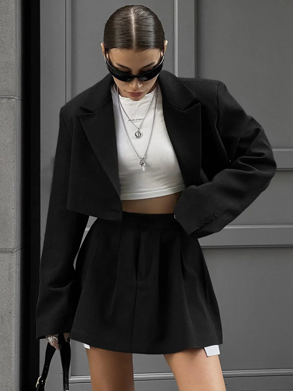 Solid Lapel Blazer Trendy Mini Skirt Set - Image 2