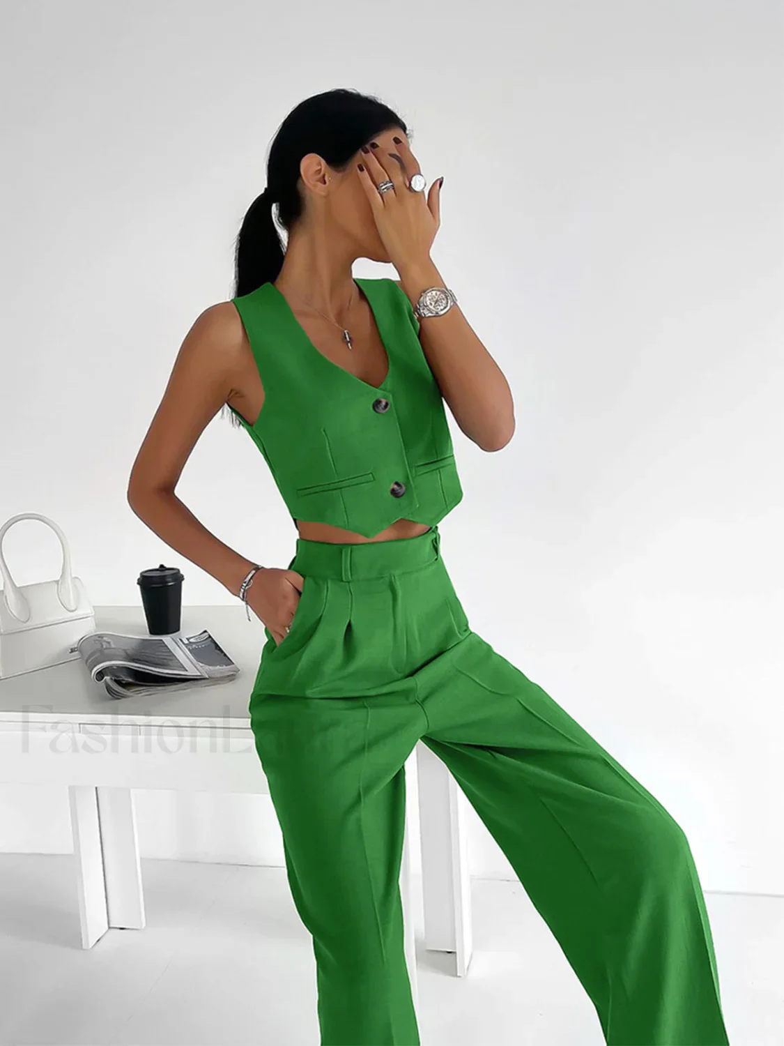 Solid Button Front Trendy Waistcoat With Pants Set - Image 6