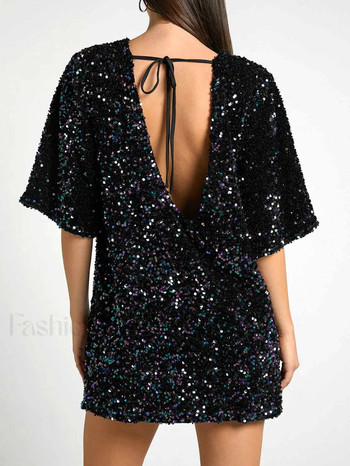 Sequin Deep V Trendy Back Tie Short Dress - Image 8