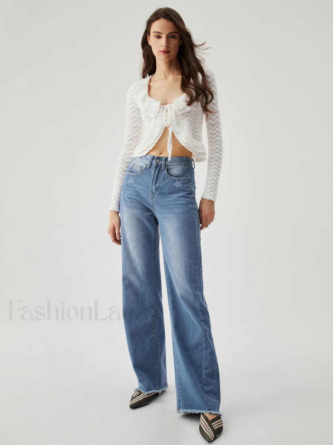 Semi-sheer Wavy Ruffled Trendy Trim Tied Crop Blouse - Image 7