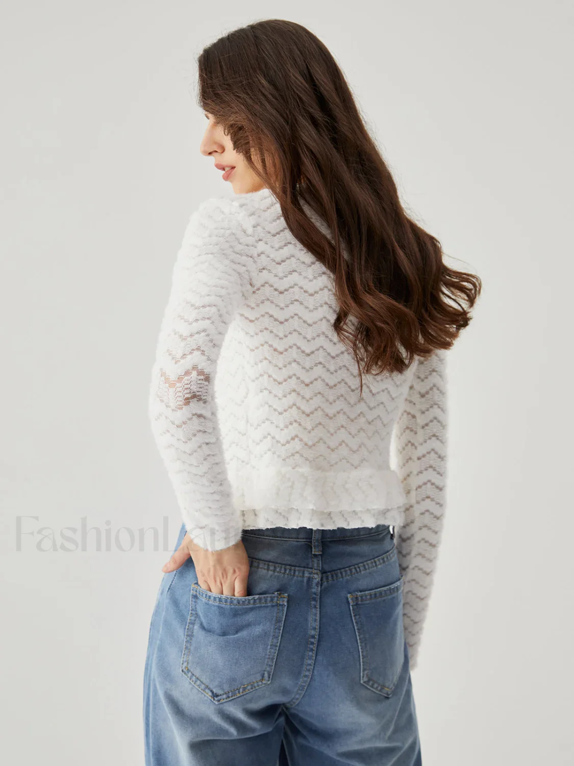 Semi-sheer Wavy Ruffled Trendy Trim Tied Crop Blouse - Image 8
