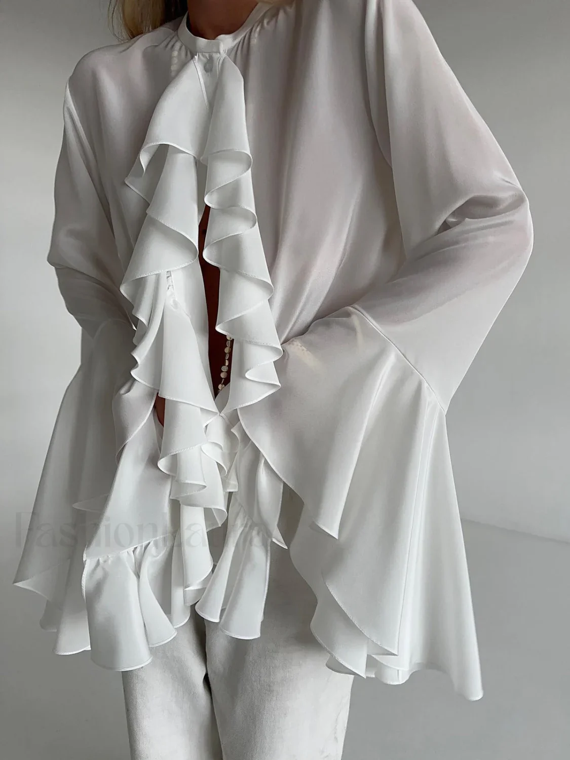Semi-sheer Chiffon Graceful Ruffled Trim Blouse - Image 3