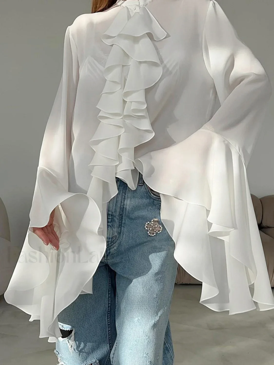 Semi-sheer Chiffon Graceful Ruffled Trim Blouse - Image 4