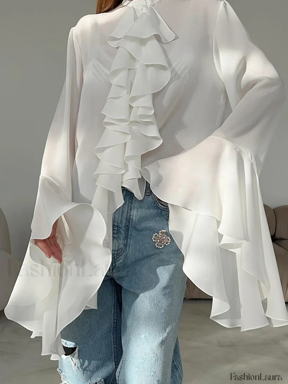 Semi-sheer Chiffon Graceful Ruffled Trim Blouse - Image 5