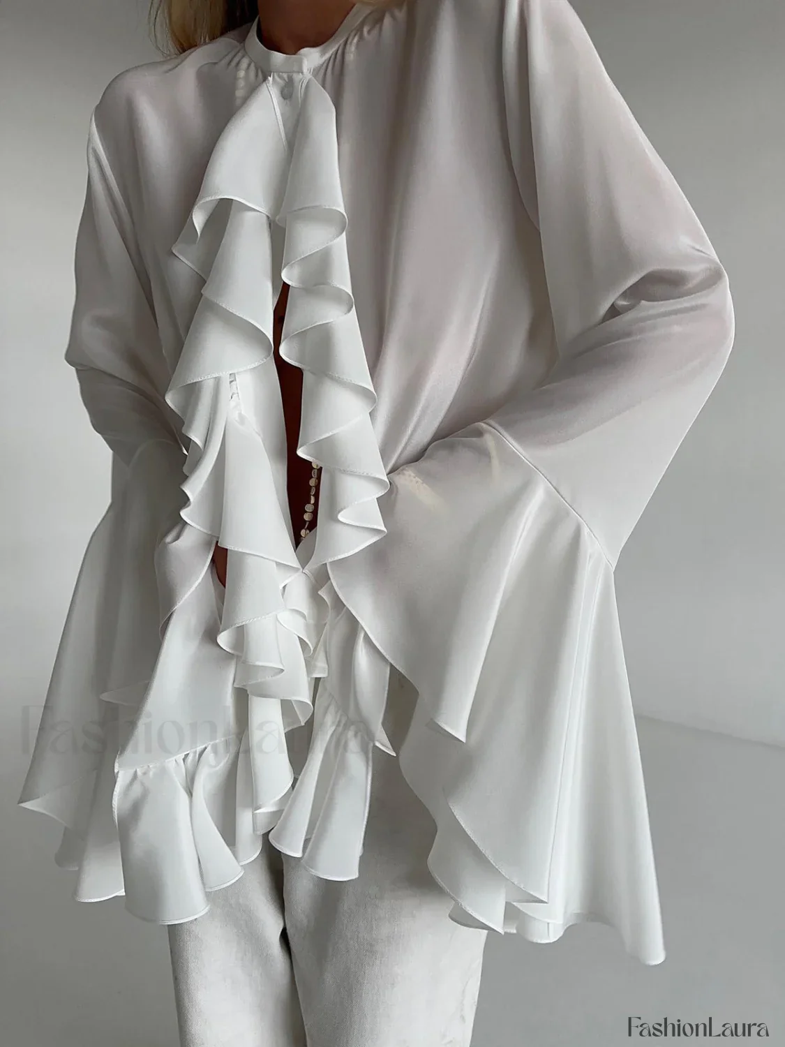 Semi-sheer Chiffon Graceful Ruffled Trim Blouse - Image 6