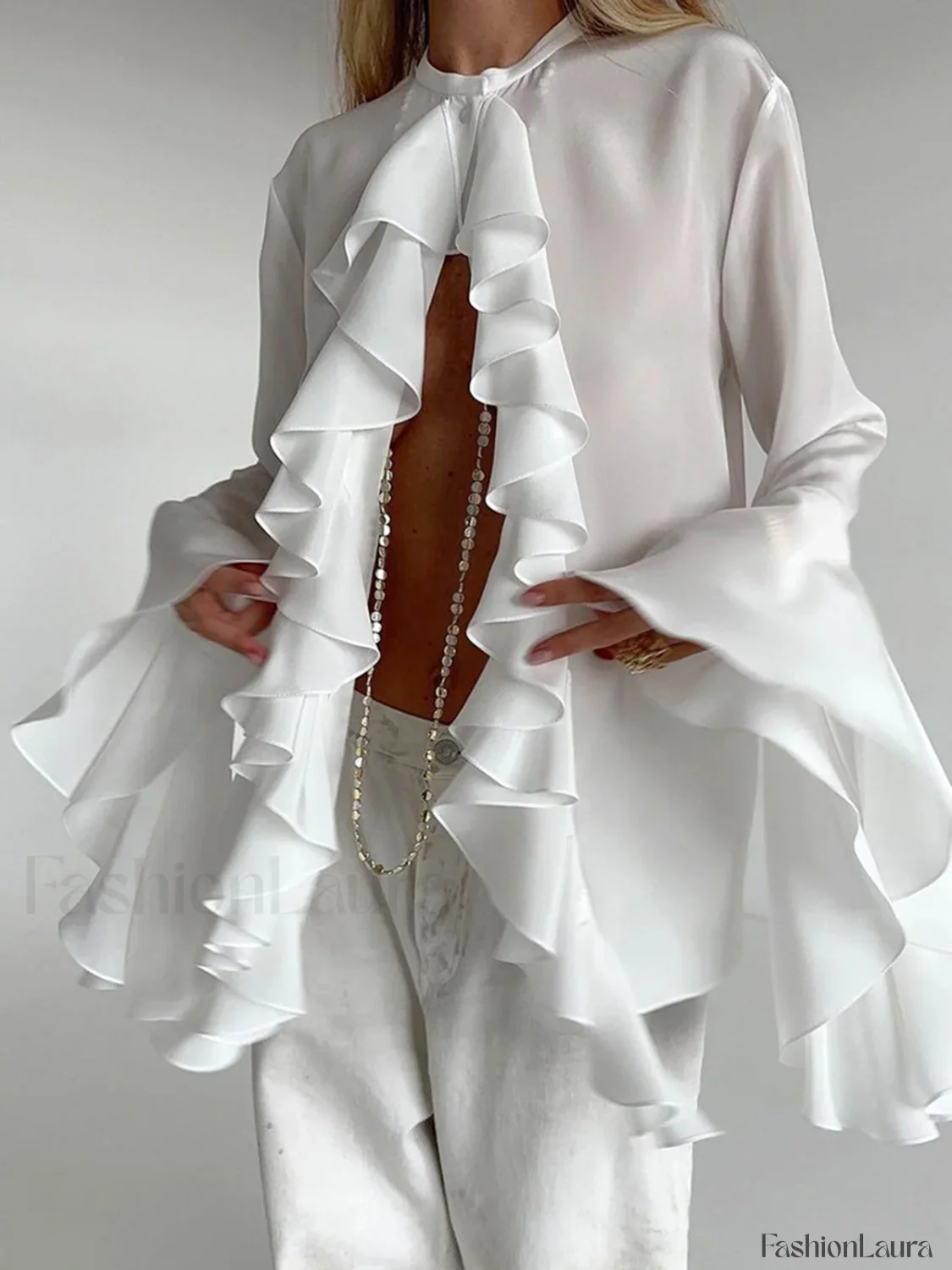Semi-sheer Chiffon Graceful Ruffled Trim Blouse - Image 7