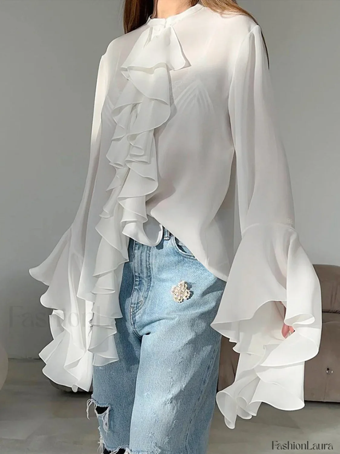 Semi-sheer Chiffon Graceful Ruffled Trim Blouse - Image 8