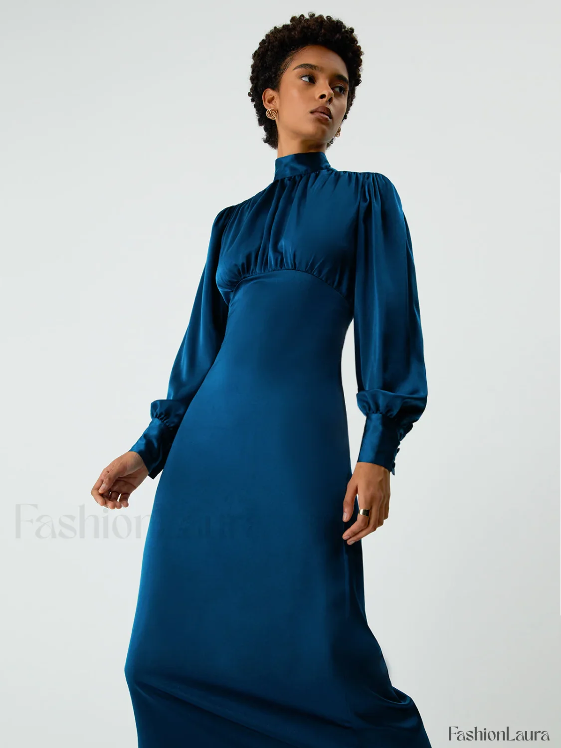 Satin Mock Neck Tie Modern Back Long Sleeve Midi Dress - Image 13