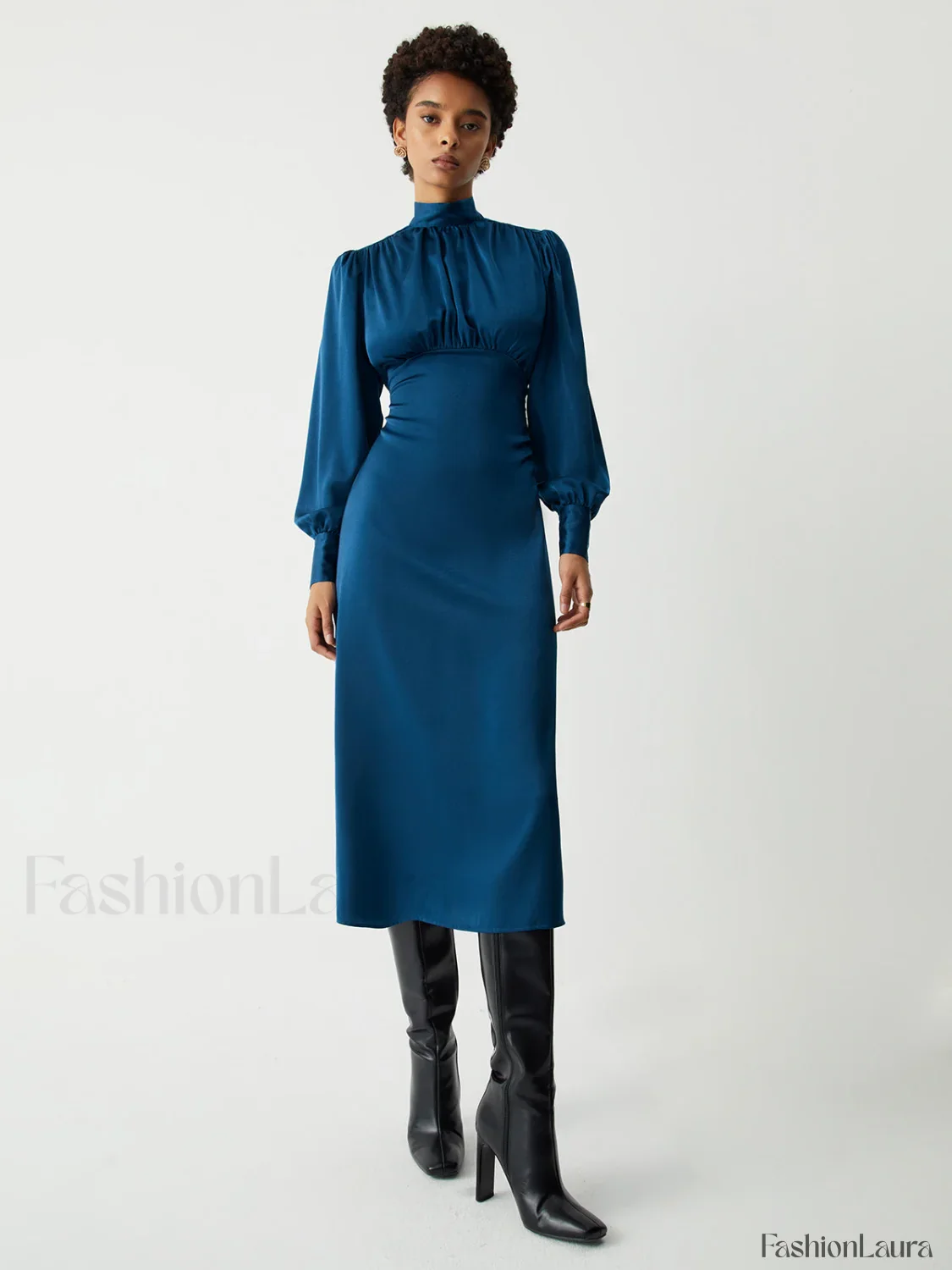 Satin Mock Neck Tie Modern Back Long Sleeve Midi Dress - Image 14