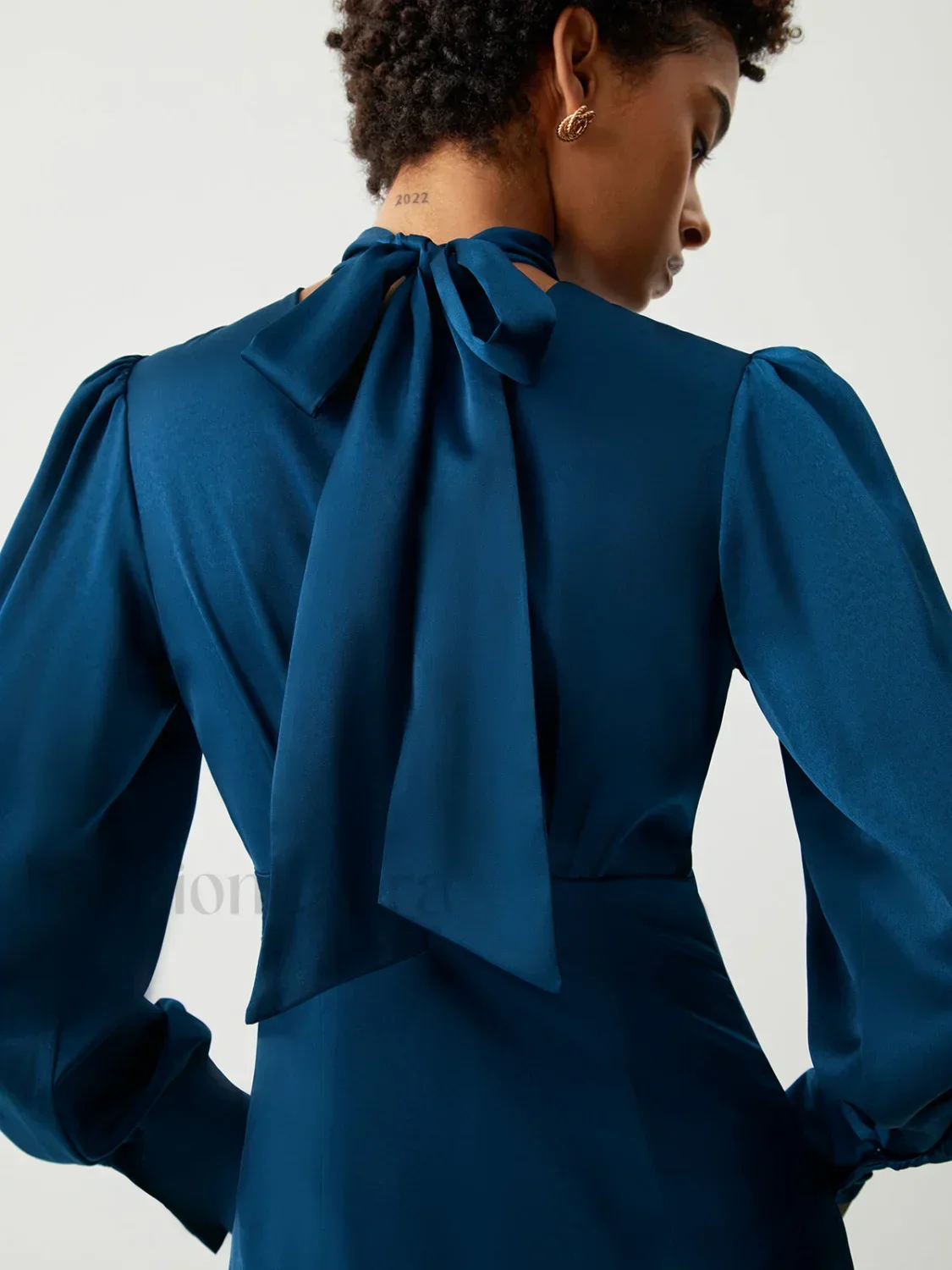 Satin Mock Neck Tie Modern Back Long Sleeve Midi Dress - Image 2