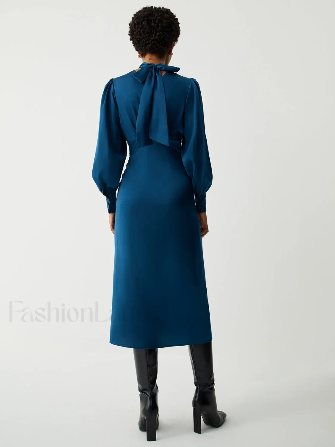 Satin Mock Neck Tie Modern Back Long Sleeve Midi Dress - Image 4