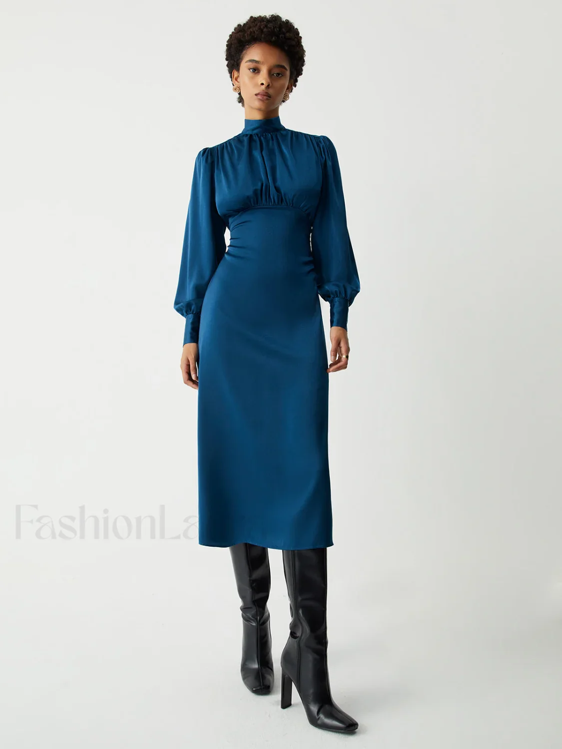 Satin Mock Neck Tie Modern Back Long Sleeve Midi Dress - Image 8