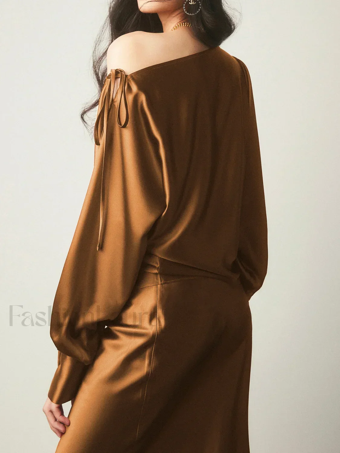 Satin Asymmetrical Cold Trendy Shoulder Tied Blouse - Image 3