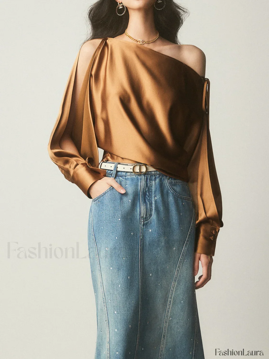 Satin Asymmetrical Cold Trendy Shoulder Tied Blouse - Image 9