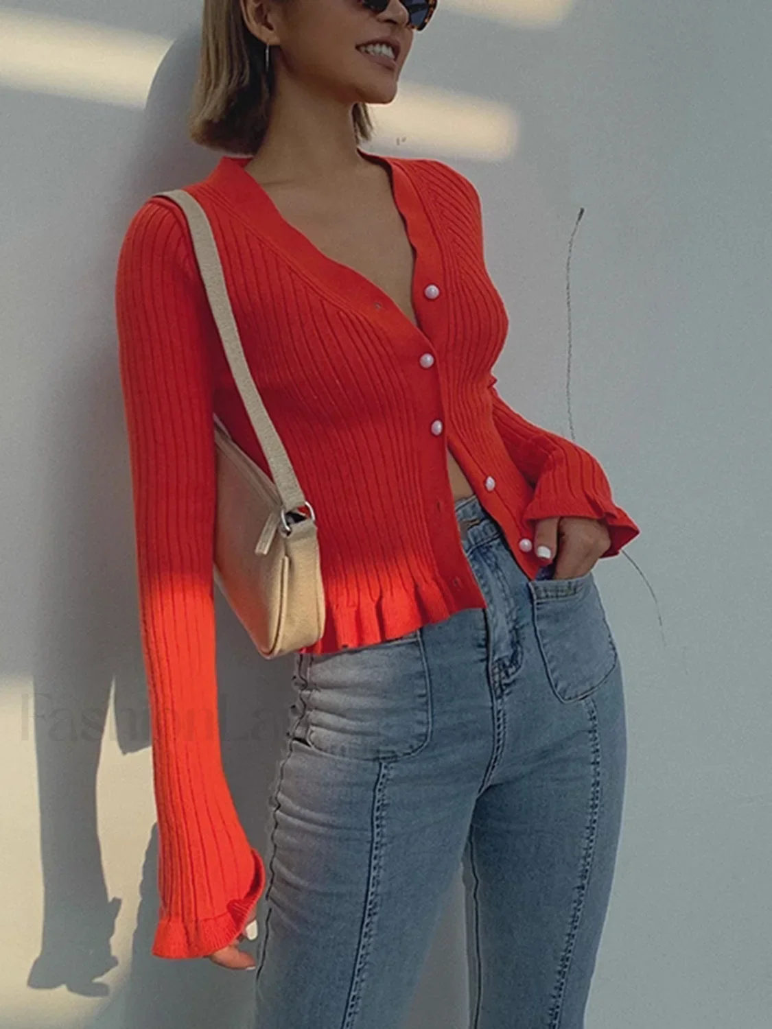 Ruffled Trim Pearl Trendy Button Long Sleeve Cardigan - Image 2