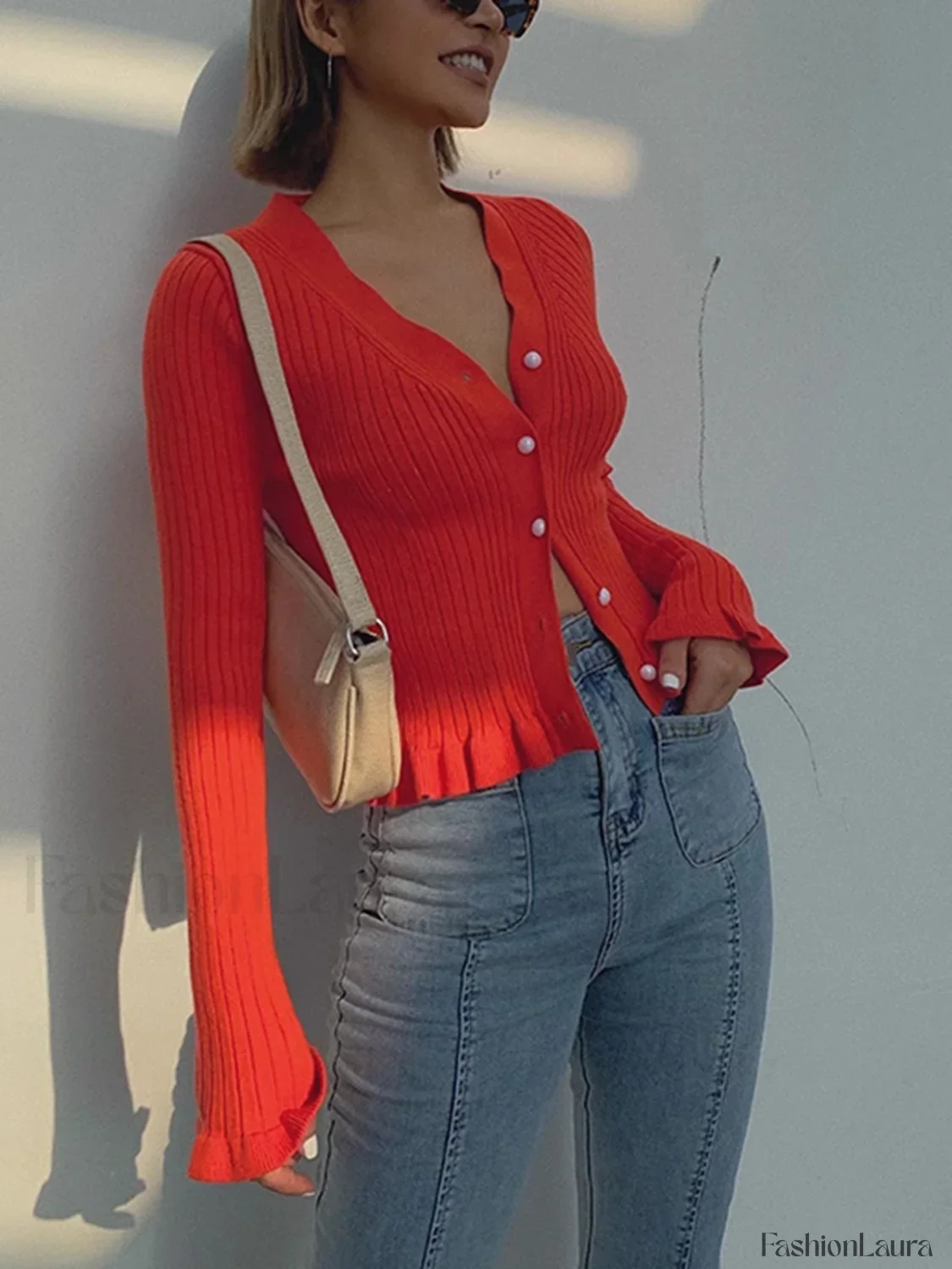 Ruffled Trim Pearl Trendy Button Long Sleeve Cardigan - Image 7