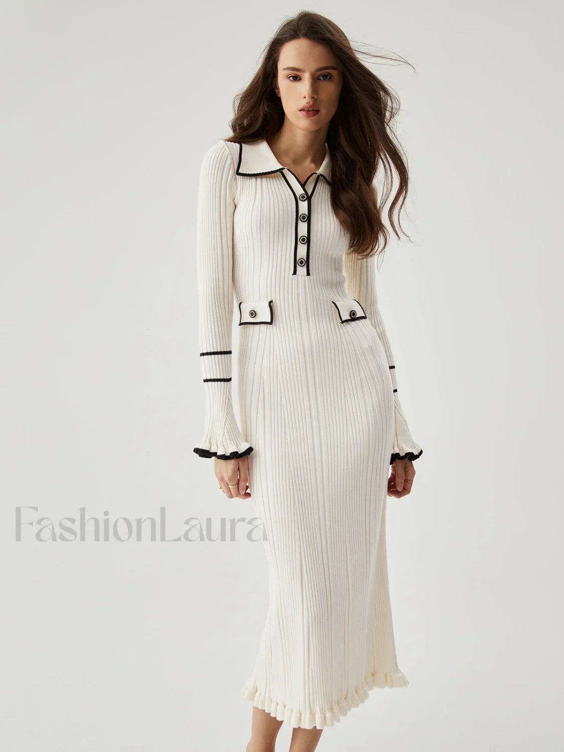 Ruffled Trim Contrast Binding Modern Button-up Collar Midi Sweater Dress